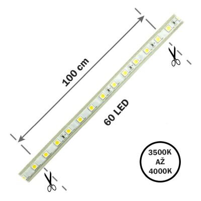LED pás 60LED/m, 5050, IP67, 3500 - 4000 K, biela, 230V DC, metráž